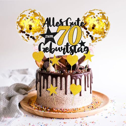 70th Geburtstag Tortendeko Gold Schwarz, Kuchen Deko Geburtstag 70 Jahre, Torten Deko 70 Geburtstag, Alles Gute Zum Geburtstag Torte 70, Mit 2 Kleinen Goldenen Luftballons, 3 Herzen, 3 Sternen von Sprinlot