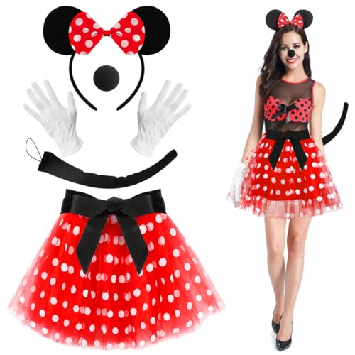 Damen Mouse Kostüm, Rote Tutu mit weiß Gepunktet, Tüllrock mit Maus Ohren Haarreifen+Bänder+Schwanz+Maus Nase+Handschuhe, Kostüm Accessoire für Fasching Karneval Halloween Motto Cosplay Party New von Sprinlot