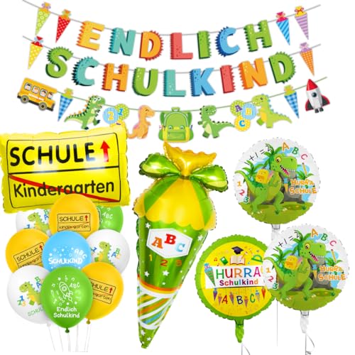 Einschulung Schuleinführung Schulanfang Deko, Endlich Schulkind Junge Deko, Dinosaurier Schule Einschulung Geschenk, HURRA SCHULKIND Schule Folienballon + Dino Banner +Zuckertüte Luftballons mit ABC von Sprinlot