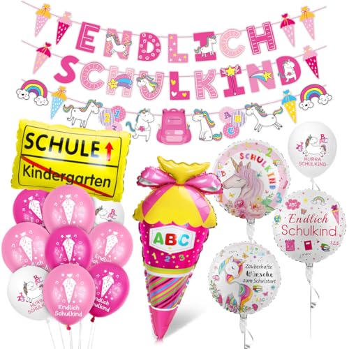 Einschulung Schuleinführung Schulanfang Deko, Endlich Schulkind Mädchen Deko, Einhorn Schule Einschulung Geschenk, HURRA SCHULKIND Schule Folienballon + Unicorn Banner +Zuckertüte Luftballons mit ABC von Sprinlot