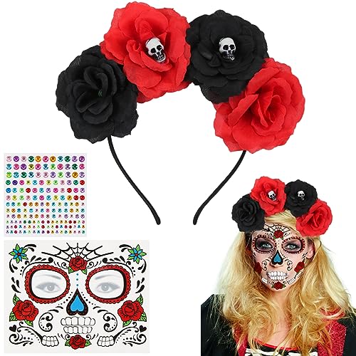 Sprinlot Dia de los Muertos Haarreif und Tattoo, Halloween Haarreif, Tag der Toten Haarschmuck, Halloween Kopfschmuck, Rote Schwarze Rosen & Totenkopf Deko, für Fasching Karneval Cosplay von Sprinlot