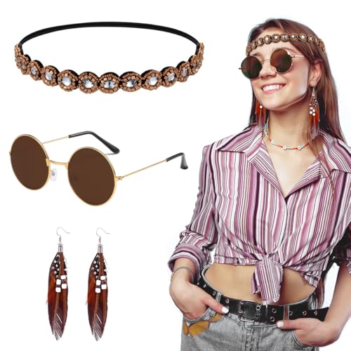 Hippie Accessoires, Hippie Brille + Feder Ohrringe + Boho Haarschmuck, Hippie Zubehör, Hippie Kostüm für 60er 70er Jahre Mottoparty Fasching Karneval Halloween ST-TOY-A34 von Sprinlot