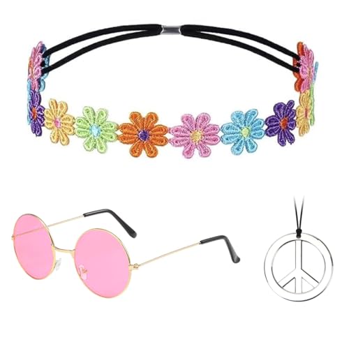 Hippie Accessoires, Hippie Brille + Peace Kette + Blumenkranz Haare Hippie, Hippie Zubehör, Hippie Kostüm für 60er 70er Jahre Mottoparty Fasching Karneval Halloween ST-TOY-A34 von Sprinlot