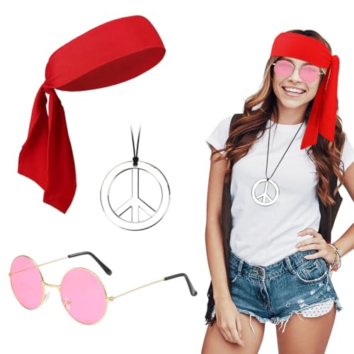 Hippie Accessoires, Hippie Brille + Peace Kette + Hippie Stirnband, Hippie Zubehör, Hippie Kostüm für 60er 70er Jahre Mottoparty Fasching Karneval Halloween A34 von Sprinlot