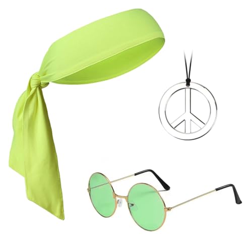 Hippie Accessoires, Hippie Brille + Peace Kette + Hippie Stirnband, Hippie Zubehör, Hippie Kostüm für 60er 70er Jahre Mottoparty Fasching Karneval Halloween A34 von Sprinlot