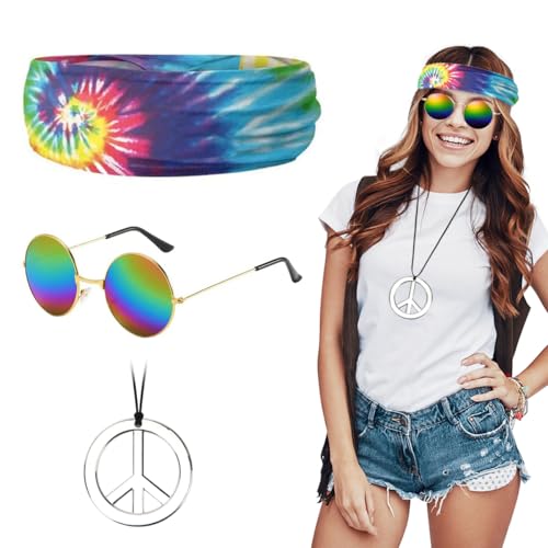 Hippie Accessoires, Hippie Brille + Peace Kette + Hippie Stirnband, Hippie Zubehör, Hippie Kostüm für 60er 70er Jahre Mottoparty Fasching Karneval Halloween A34 von Sprinlot