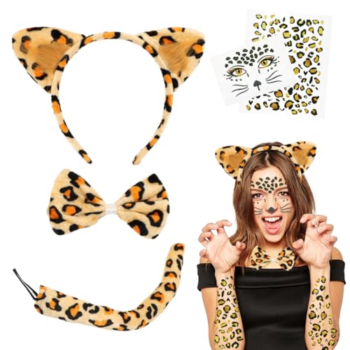 Karneval Leoparden Kostüm Damen Kinder, Leoparden Ohren Haarreif, Leopard Stirnband mit Schwanz Fliege Gesichtstattoo, Leopard Kostüm für Kinder Damen Karneval Halloween Safari Mottoparty C10 von Sprinlot