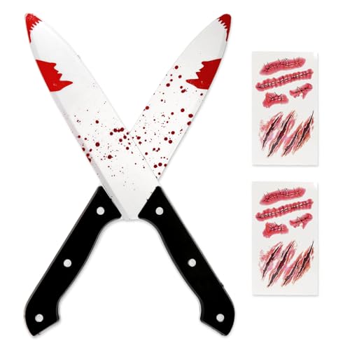 Sprinlot 2 Stück Halloween Messer, 30cm Fake Messer mit Blut, Narben Tattoo Aufkleber, Horror Deko Artikel für Erwachsene Sprinlot 2 Stück Halloween Messer, 30cm Fake Messer mit Blut, Narben Tattoo Aufkleber, Horror Deko Artikel für Erwachsene von Sprinlot