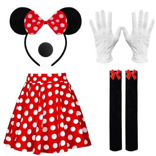 Sprinlot Damen Mouse Kostüm, Rote Rock mit weiß Gepunktet, M-Größe Tutu mit Maus Ohren Haarreifen Nase Handschuhe, Rote Schleife Overknee Strümpfe für Fasching Karneval Halloween Motto Party Kinder C2 von Sprinlot