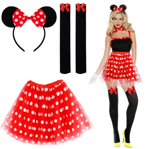 Sprinlot Damen Mouse Kostüm, Rote Tutu mit weiß Gepunktet, Tüllrock mit Maus Ohren Haarreifen, Rote Schleife Ohren Overknee Strümpfe Accessoire für Fasching Karneval Halloween Cosplay Party C6-New von Sprinlot