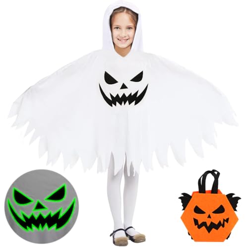 Sprinlot Geister Kostüm Kinder, Halloween Umhang Gespenst Weiß, Gespenster Mantel mit Kappe und Kürbis Tasche, Kostüm Halloween Karneval Party Jungen Mädchen von Sprinlot