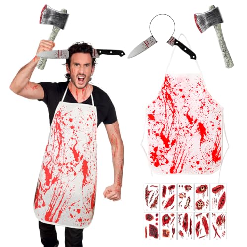 Sprinlot Halloween Horror Schürze, 4 Stück Halloweenkostüm Set, Messer Haarband mit Blutige, Zombie Kostüm Damen, Horror Accessoires Kostüm Halloween Karneval Sprinlot Halloween Horror Schürze, 4 Stück Halloweenkostüm Set, Messer Haarband mit Blutige, Zombie Kostüm Damen, Horror Accessoires Kostüm Halloween Karneval von Sprinlot