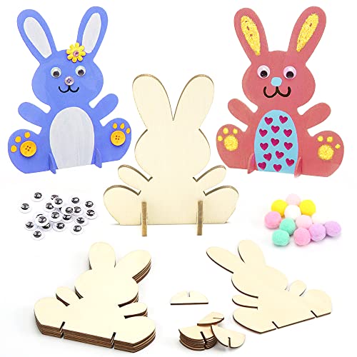 Sprinlot Hasen aus Holz zum Bemalen, 10 Stück DIY Osterhase Deko mit Bunte Mini Pompons und Kulleraugen, Osterhase Kinder Bastelsets, Holz Bastelset Kinder für Bastelzubehör Dekorationen von Sprinlot