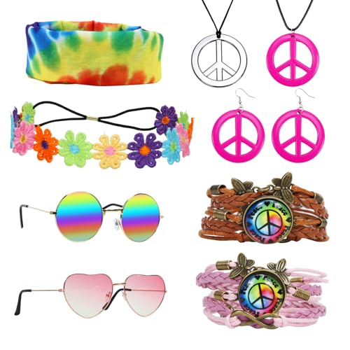 Sprinlot Hippie Kostüm Damen Herren, Hippie Brille mit Stirnband, Peace Kette Hippie, Hippie Kostüm Accessoires für Fasching Karneval Party, Lernspielzeug, C11 von Sprinlot