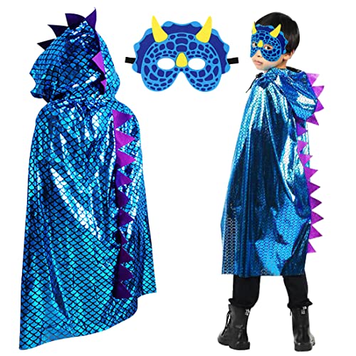 Sprinlot Karneval Umhang Kinder, Drachen Cape Kostüm Fasching, Dinosaurier Umhang Blau für Junge Mädchen, Dino Kostüme mit Maske,Geeignet für Höhe 100-140cm von Sprinlot