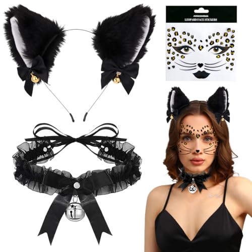 Sprinlot Katze Kostüm Damen, Katzenohren Haarreif, Glöckchen Halskette Katze Cosplay Set, Katzen Kostüm Frauen, Faschingskostüme Damen Katze, Für Halloween Karneval Party von Sprinlot