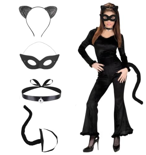 Sprinlot Katzenkostüm Damen, CatMaske Kostüm Damen, Katzenohren Haarreif Schwanz Halskette Masken, Cat Maske, Cat Accessoires Damen, Halloween Karneval Cosplay Party von Sprinlot