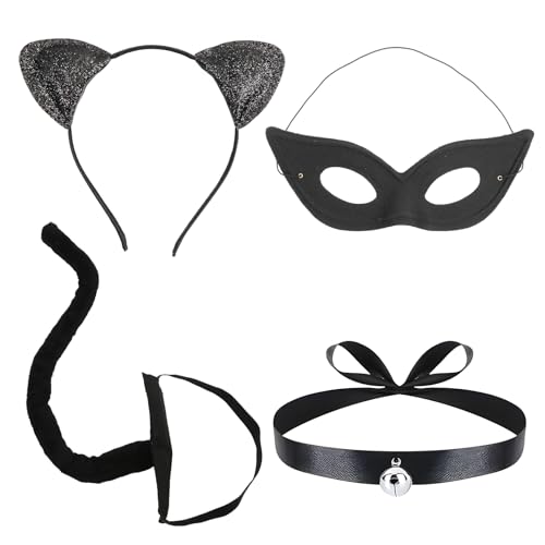 Sprinlot Katzenkostüm Damen, CatMaske Kostüm Damen, Katzenohren Haarreif Schwanz Halskette Masken, Cat Maske, Cat Accessoires Damen, Halloween Karneval Cosplay Party von Sprinlot