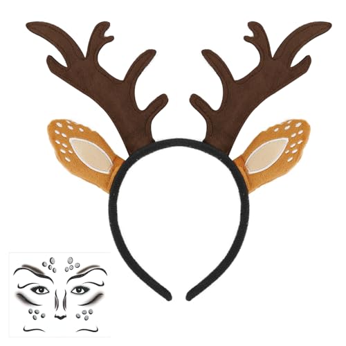 Sprinlot Rentier Haarreif Damen, Reh Geweih Ohren Haarreif, Geweih Haarreif mit Rentier Gesicht Tattoo Aufkleber, Reh Kostüm Accessoires Haarschmuck für Weihnachten Karneval Cosplay, Ertong, C12 von Sprinlot