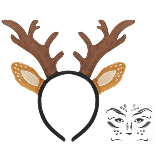 Sprinlot Rentier Haarreif Damen, Reh Geweih Ohren Haarreif, Geweih Haarreif mit Rentier Gesicht Tattoo Aufkleber, Reh Kostüm Accessoires Haarschmuck für Weihnachten Karneval Cosplay, Ertong, C12 von Sprinlot