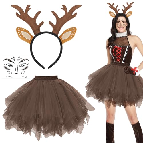 Sprinlot Rentier Haarreif Kostüm Damen, Reh Tüllrock Geweih Ohren Haarreif, Geweih Haarreif mit Rentier Gesicht Tattoo Aufkleber, Reh Kostüm Accessoires Weihnachten Karneval Cosplay, Ertong, C12 von Sprinlot