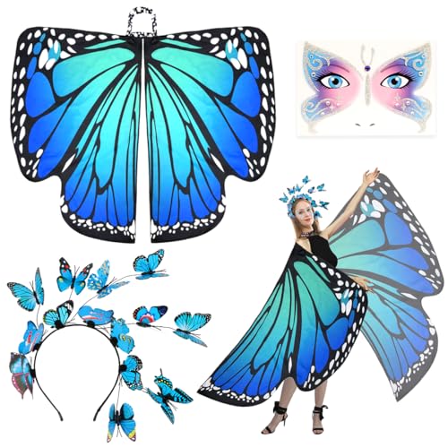 Sprinlot Schmetterling Kostüm Damen, Blau Schmetterling Flügelumhang, Schmetterling Haarreif, Schmetterlingsflügel Damen für Karneval Fasching Mottoparty C7 von Sprinlot