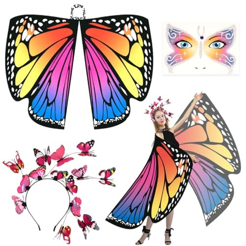 Sprinlot Schmetterling Kostüm Damen, Fasching Kostüm Damen, Bunt Schmetterling Haarreif, Schmetterlingsflügel Erwachsene für Karneval Fasching Mottoparty C7 von Sprinlot