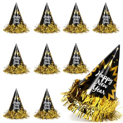 Sprinlot Silvester Partyhüte, 9 Pcs Silvester Hütchen Schwarzes Gold, Frohes Neues Jahr Kegel Hüte, Neujahr Party Hütchen, Silvester Deko von Sprinlot