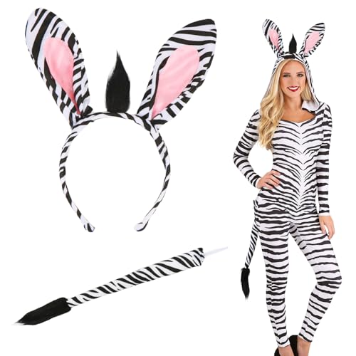 Sprinlot Zebra Kostüm Set, Damen Haarreif mit Zebraohren, Schwanz, Tierohren Stirnband, Dschungel Party Kostüm, Tier Ohr Tiara Accessoires für Kinder Damen Karneval Halloween Faschings Zoo Mottoparty von Sprinlot