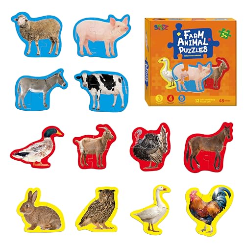 12er Pack realistische Tierpuzzles, 48 Stück Schritt-für-Schritt Tierpuzzles, Bauernhoftier-Puzzles mit Rückspur-Fußabdruck-Anleitung für frühkindliches Lernen für Anfänger im Vorschulalter von SpriteGru