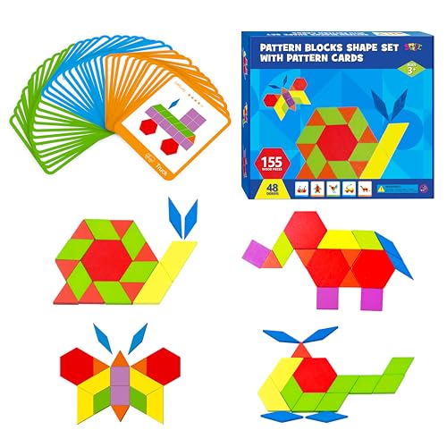 155 STK. Holz-Puzzle-Set mit Musterblöcken, 24 doppelseitigen Designkarten (48 Muster), geometrisches Formenpuzzle, lustiges Tangram-Montessori-Lernspielzeug für Kinder im Alter von 4-8 Jahren von SpriteGru