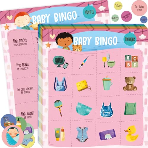 Baby Shower Bingo Spiel, Zweisprachiges Baby Bingo Karten für Gender Reveal Party, Baby Shower, Spiele Geschenke Zubehör Dekorationen für Erwachsene von SpriteGru