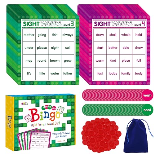 Bingo-Spiel mit Sichtwörtern, 120 Sichtwörter Lernen zu Lesen Stufe 3 & Stufe 4 Bingo-Brettspiel Dolchs & Frys Wortlisten für Kindergarten- und Vorschulkinder 4-8 von SpriteGru