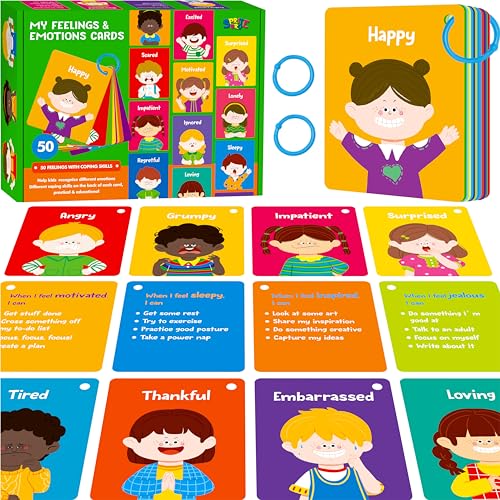 Emotionen Flashcards, 50 Verschiedene Gefühle mit Bewältigungsstrategien - Lernen Sie, Verschiedene Stimmungen zu identifizieren, Cartoon-Gesichter Emotionen für Kinder mit Autismus, ADHS von SpriteGru