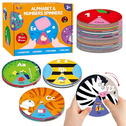 Lernspielzeug Alphabet, ABC Buchstaben, Zahlen, Tiere, Lesewörter, Drehspiel 36 Stück Montessori Lernspielkarten für Kleinkinder, Kinder 3-5 Jahre von SpriteGru