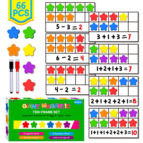 Magnetisches Zehnerrahmen-Set, 6 Rahmen & 66 Bunte sternförmige Zähler Zehn-Rahmen-Mathe-Spiele Manipulatives Zählspielzeug für Kindergarten Vorschule, 6 Farben & 2 Marker (Kühlschrank & Handheld) von SpriteGru