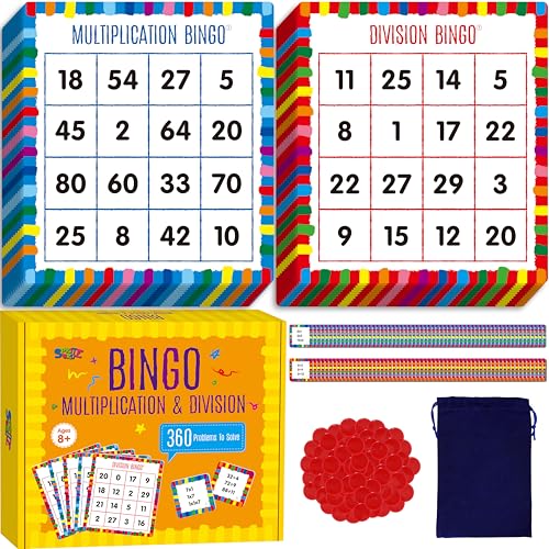 Multiplikations- und Divisions-Bingo-Spiel, 360 Mathematikaufgaben, 2 edukative Brettspiele für Kindergarten- und Vorschulkinder im Alter von 4-8 Jahren, perfekt für den Unterricht und zu Hause von SpriteGru