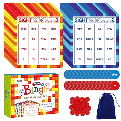 Sight Word Bingo Spiel, 120 Sight Words Lernspiel Level 1 & Level 2 Bingo Brettspiel mit Dolch- und Fry-Wortlisten für Kinder von 4-8 Jahren, Perfekt für den Unterricht und Zuhause von SpriteGru