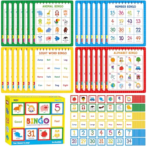 SpriteGru Familien-Bingo-Spiel, Alphabet-Tier-Sehwort- und Zahlen-Bingo-Brettspiel, Zähl- und Zuordnungsfähigkeiten Klassisches Lernspiel für Kindergarten- und Vorschulkinder von SpriteGru