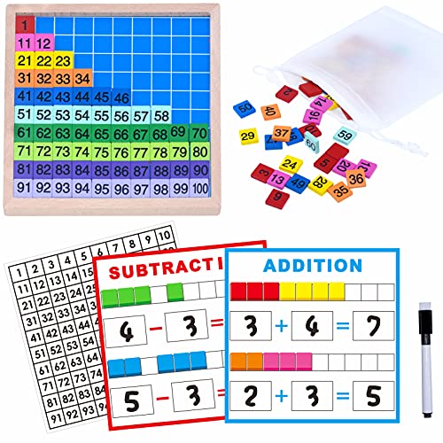 SpriteGru Holz-Mathe-Lernbrett-Spielzeug, Mathe-Würfel, 1-100 fortlaufende Zahlen, Verknüpfungswürfel-Mathe-Zähler, für Kinder, Kindergarten, Lernaktivitäten mit Aufbewahrungstasche von SpriteGru