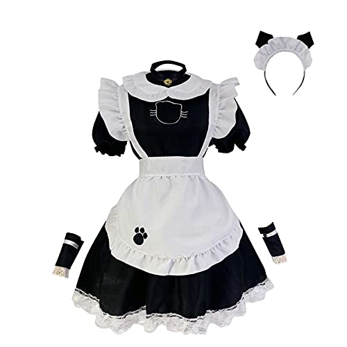 Spritumn-Home Dienstmädchen-Kostüm, Anime, Cosplay, französisches Dienstmädchen-Kostüm, schwarzes kurzärmeliges Kleid mit weißer Schürze, falscher Kragen, französische Dienstmädchen-Schürze, Erwachsenenkleid, Kostüm, Cosplay, Verkleidungsset von Spritumn-Home