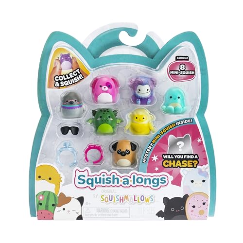 Squish-a-longs 8 Stück (Stil 1 - W2) – (8) 2,5 cm Mini-Squish mit (2) Zubehör, (1) Ring und einem Sammlerhandbuch – Sammeln, Handeln und Spielen von Squish-a-longs