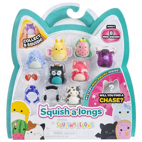 Squish-a-longs 8 Stück (Stil 4 - W2) – (8) 2,5 cm Mini-Squish mit (2) Zubehör, (1) Ring und einem Sammlerhandbuch – Sammeln, Handeln und Spielen von Squish-a-longs