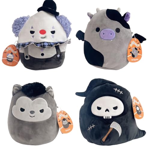 Squishmallows 2024 Halloween 12,7 cm Wolf Kuh Sensenmann Clown Mini Plüsch Puppen Set von 4 von Squishmallows