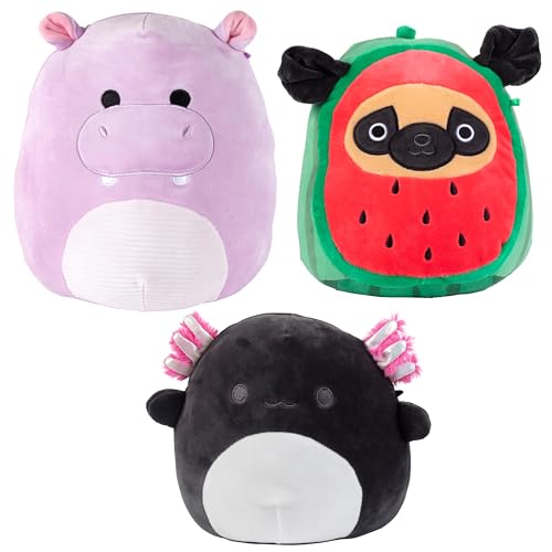 Squishmallows 25,4 cm & 20,3 cm – Set mit 3 Vorteilspack – Nilpferd, Axolotl, Wassermelone Mops – Offizieller Jazwares Plüsch – Sammlerstück weiches & Squishy Stofftier Spielzeug – Geschenk für von Squishmallows