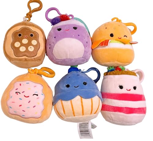 Squishmallows Kellytoy Mini-Plüschpuppe, 8,9 cm, sortiert, zum Anklippen, Mini-Plüschpuppe (Set mit 6 Frühstücks-/Lebensmittel-Truppen) von Squishmallows