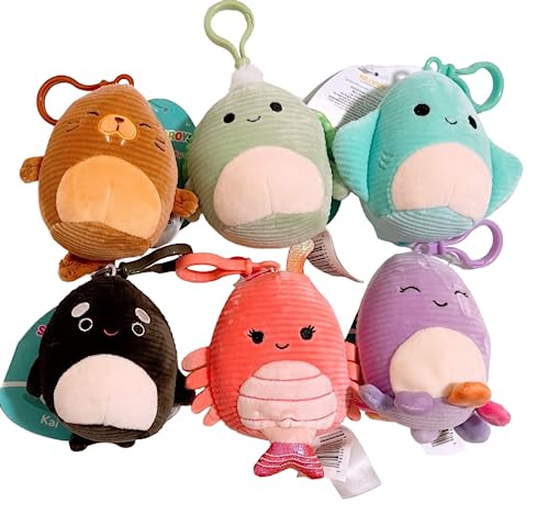 Squishmallows Kellytoy Mini-Plüschpuppe, 8,9 cm, verschiedene Squad-Schlüsselanhänger, Mini-Plüschpuppe (Set mit 6 speziellen Cord-Sealife) von Squishmallows