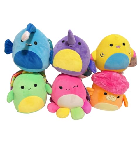 Squishmallows Neon Sealife 12,7 cm Plüschtiere, Set mit 6 Mini-Puppen: Schildkröte, Fisch, Hai von Squishmallows