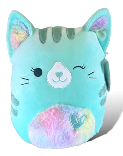 Squishmallows Offizielle Kellytoy Corinna Teal Tabby Katze mit Regenbogen Fuzzy Ohren und Bauch 27,9 cm Pl sch - Herz auf Bauch - 2023 Valentinstag Squad Stofftier Spielzeug von Squishmallows