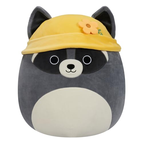 Squishmallows Original 35,6 cm Rocky Grey Waschbär mit gelbem Fischerhut - Offizieller Jazwares großer Plüsch von Squishmallows